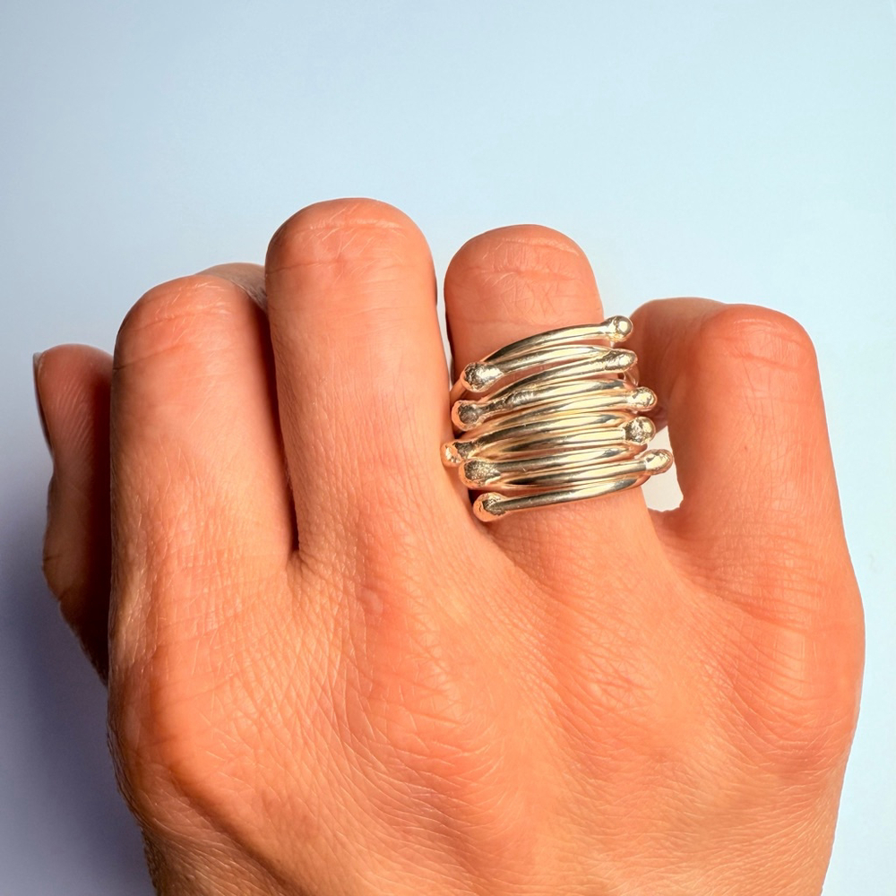 Modernist 10 Link Stack 17mm Band Sterling Silver 925 Artisan Abstract Ring - Picture 8 of 11